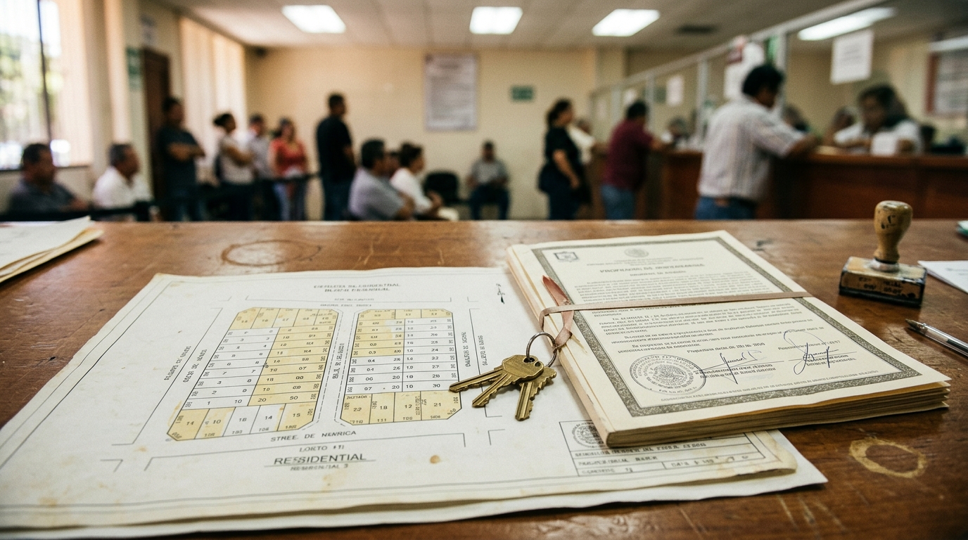 Documentos catastrales y llaves sobre un escritorio en oficina de catastro municipal